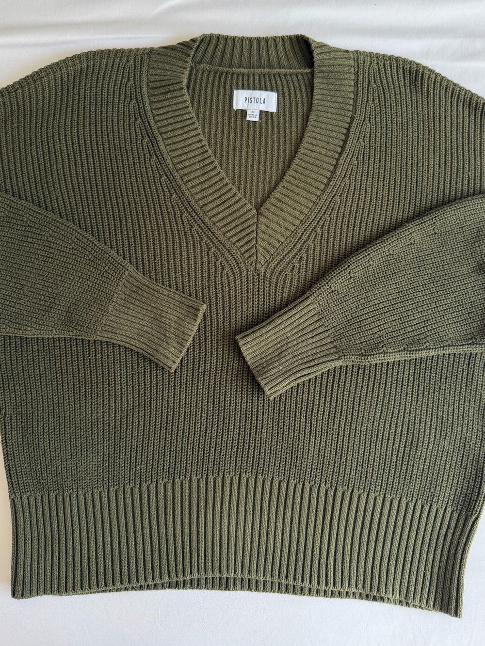 Pistola 100% Cotton Olive Green V-Neck Knit Long Sleeve Sweater